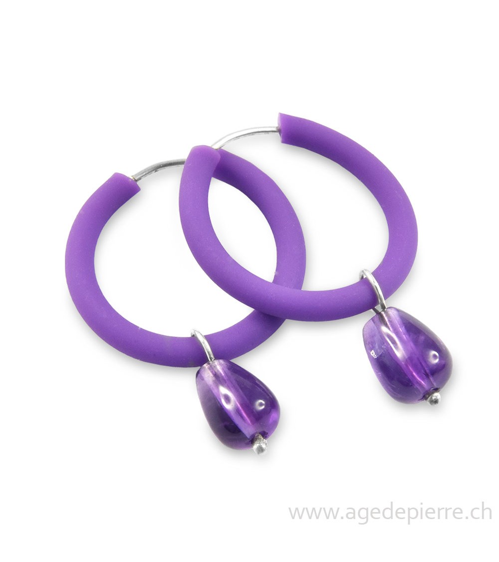 Boucles d'oreilles arc-en-ciel en caoutchouc violet et améthyste