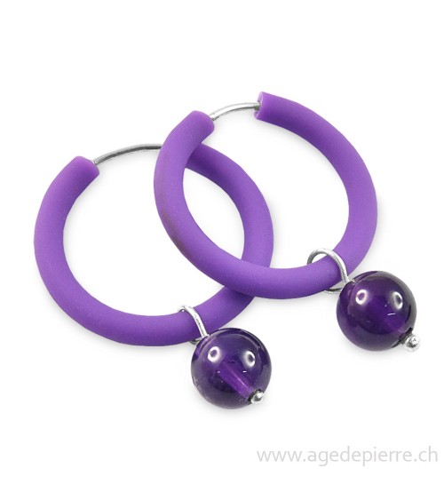 Boucles d'oreilles arc-en-ciel en caoutchouc violet et améthyste