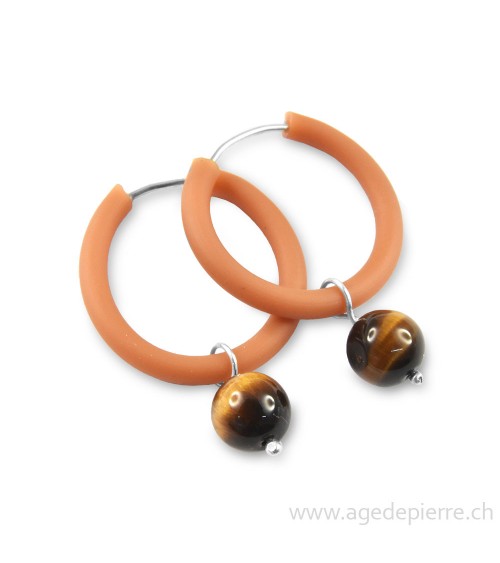 Boucles d'oreilles arc-en-ciel en caoutchouc beige et oeil-de-tigre