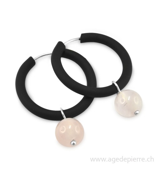 Boucles d'oreilles arc-en-ciel en caoutchouc noir et quartz rose