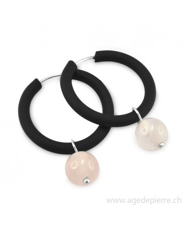 Boucles d'oreilles arc-en-ciel en caoutchouc noir et quartz rose