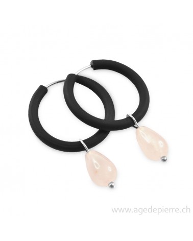 Boucles d'oreilles arc-en-ciel en caoutchouc noir et quartz rose