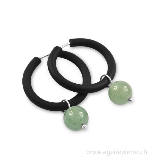 Boucles d'oreilles arc-en-ciel en caoutchouc noir et aventurine verte