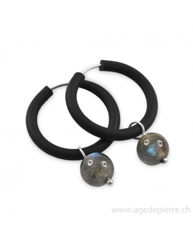 Boucles d'oreilles arc-en-ciel en caoutchouc noir et labradorite