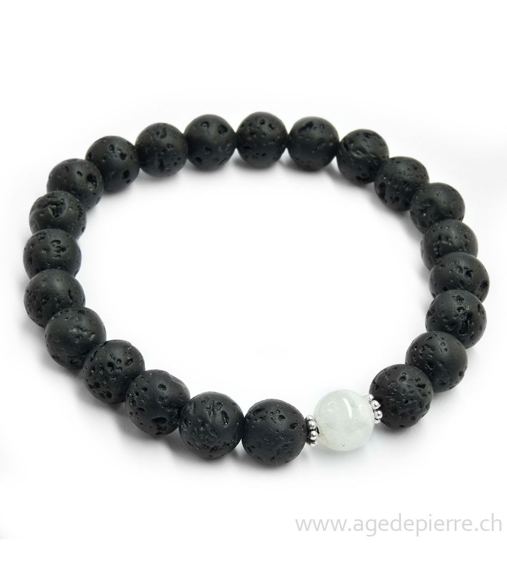 Bracelet lave, labradorite blanche et argent 925