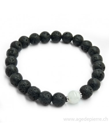 Bracelet lave, labradorite blanche et argent 925