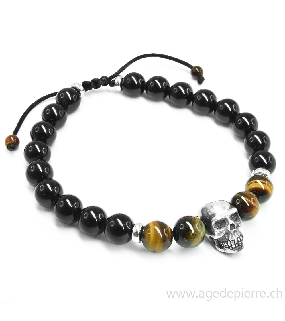 Bracelet Shamballa "Crâne" oeil de tigre et tourmaline noire N°2