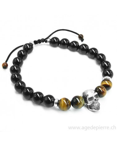 Bracelet Shamballa "Crâne" oeil de tigre et tourmaline noire N°2