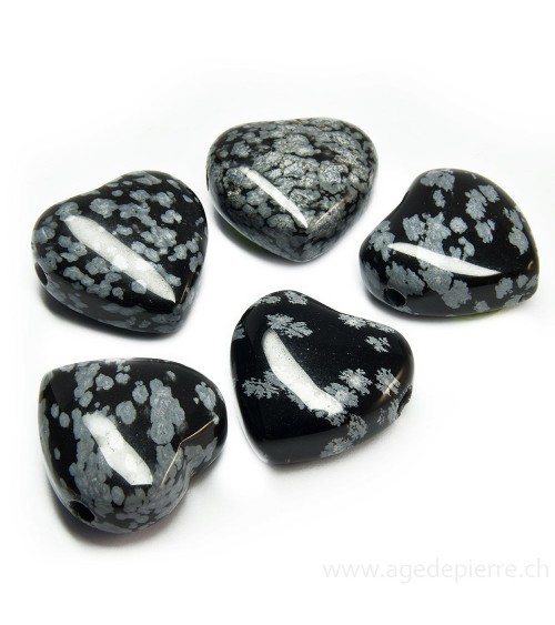 Pendentif coeur percé en obsidienne flocon de neige