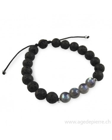 Bracelet shamballa en Labradorite et lave avec perles de 8mm