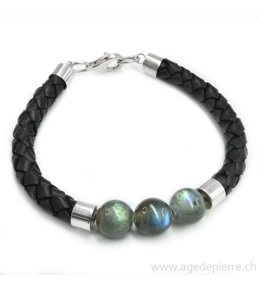 Bracelet cuir, labradorite et argent 925