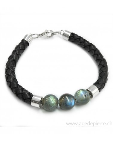 Bracelet cuir, labradorite et argent 925