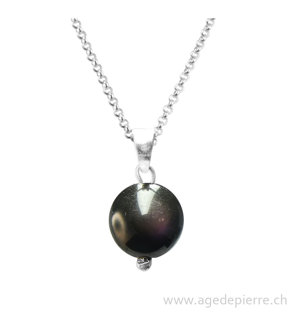 Pendentif sphère obsidienne arc-en-ciel et argent