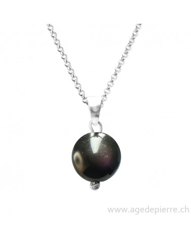 Pendentif sphère obsidienne arc-en-ciel et argent