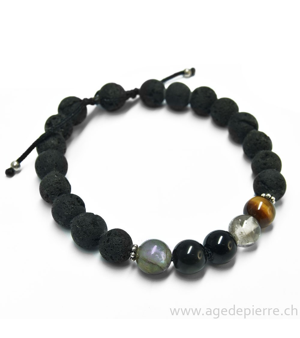 Bracelet shamballa "protection" avec lave, oeil de tigre, quartz fumé, tourmaline, obsidienne oeil-céleste et labradorite