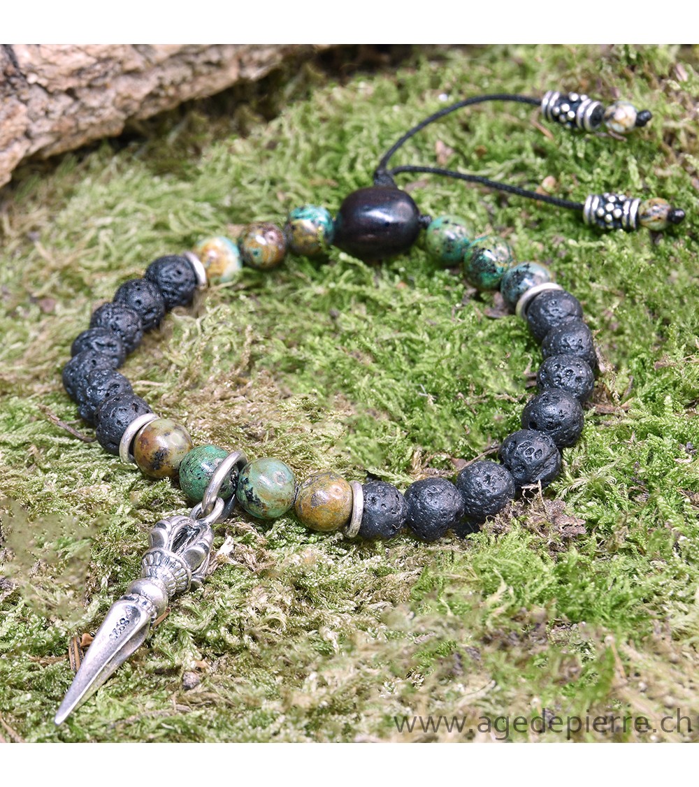 Bracelet Zen avec turquoise, lave, bois et Phurba en argent