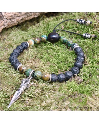 Bracelet Zen avec turquoise, lave, bois et Phurba en argent