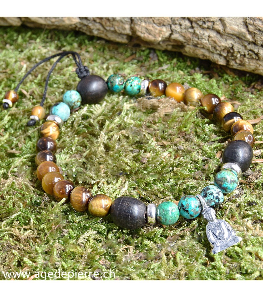 Bracelet Zen avec turquoise, oeil-de-tigre, bois et argent 925