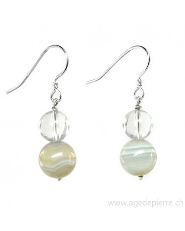 Boucles d'oreilles argent, agate et cristal de roche l'Âge de pierre Vevey