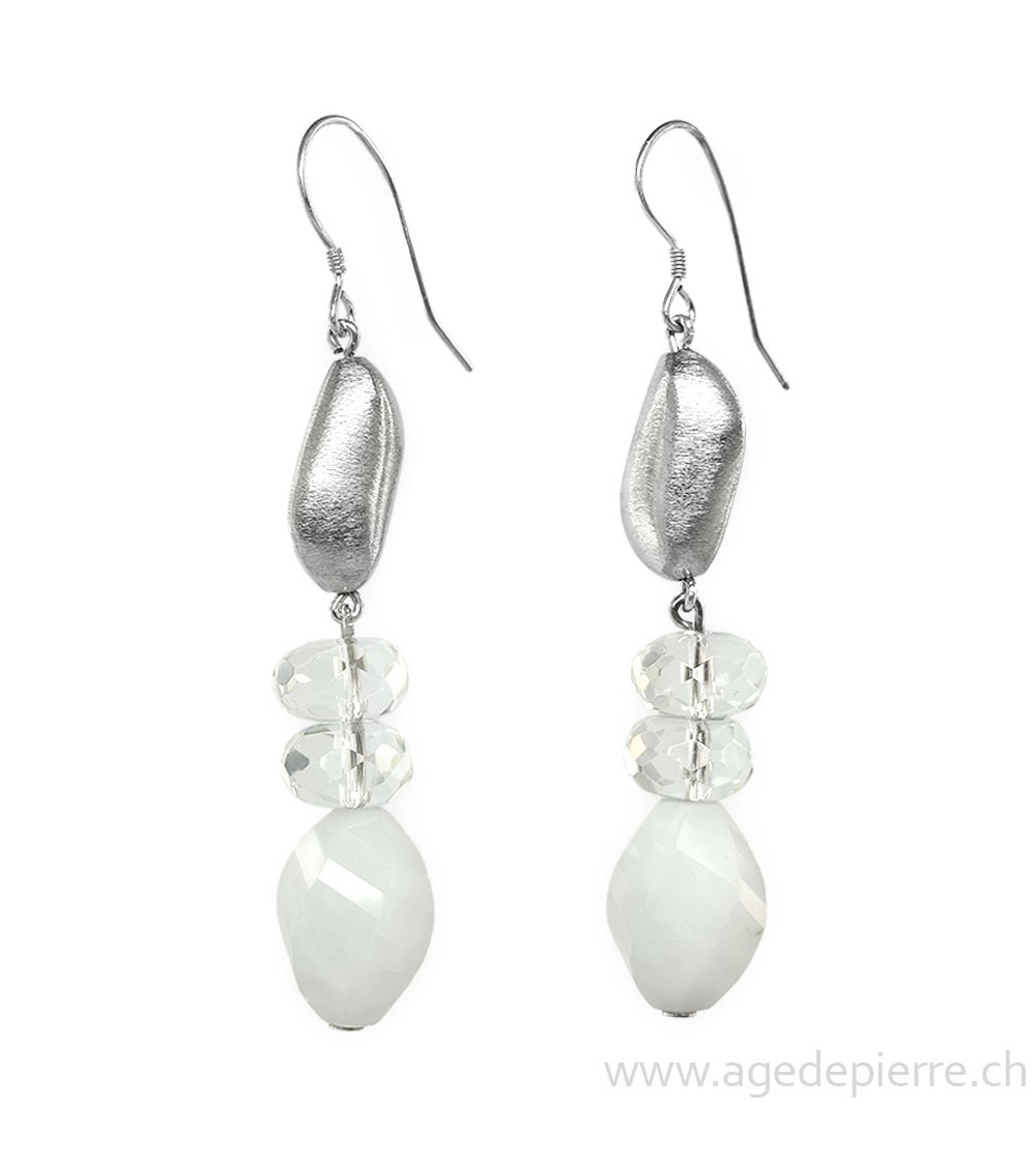 Boucles d'oreilles argent, quartz laiteux et cristal de roche