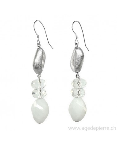 Boucles d'oreilles argent, quartz laiteux et cristal de roche