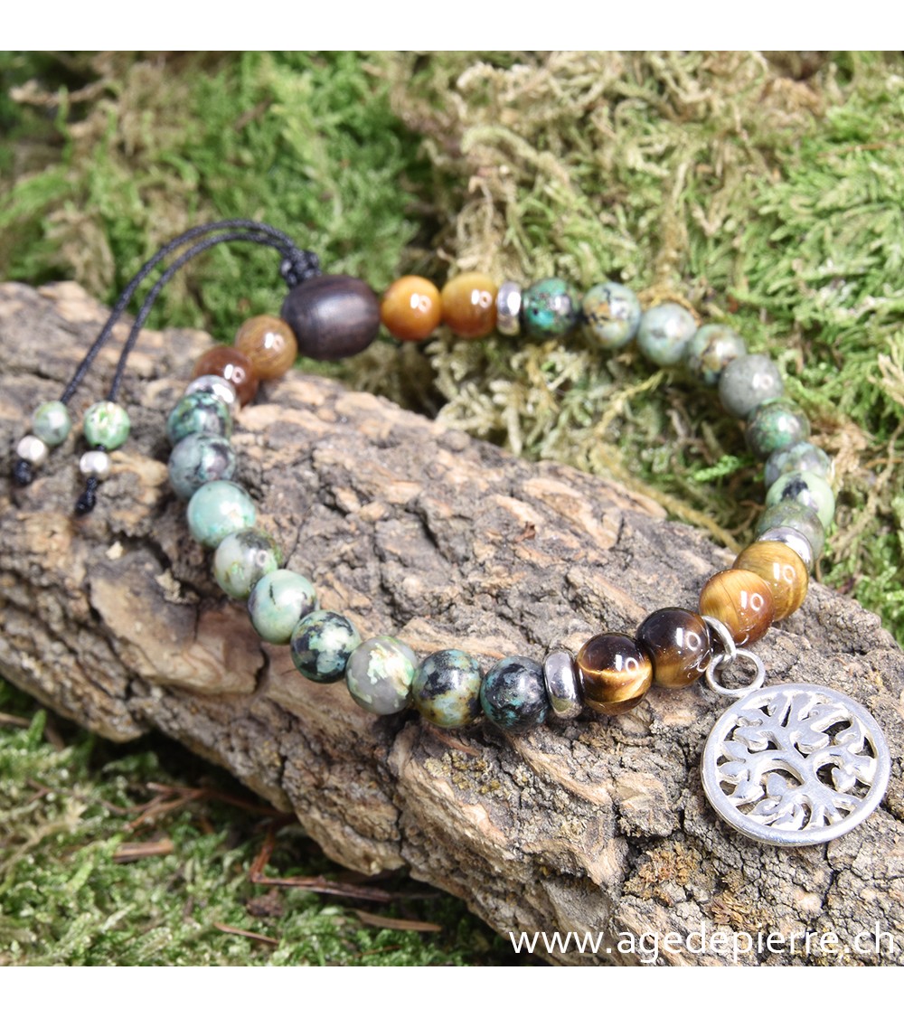 Bracelet Zen avec turquoise, oeil-de-tigre, bois et arbre de vie en argent