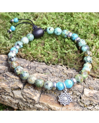 Bracelet Zen avec turquoise, bois, apprêts et lotus en argent